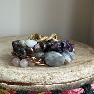 Marlaina Stone Chunky Layered Bracelet With Purple Skull Charm Wrist Size 7-8”